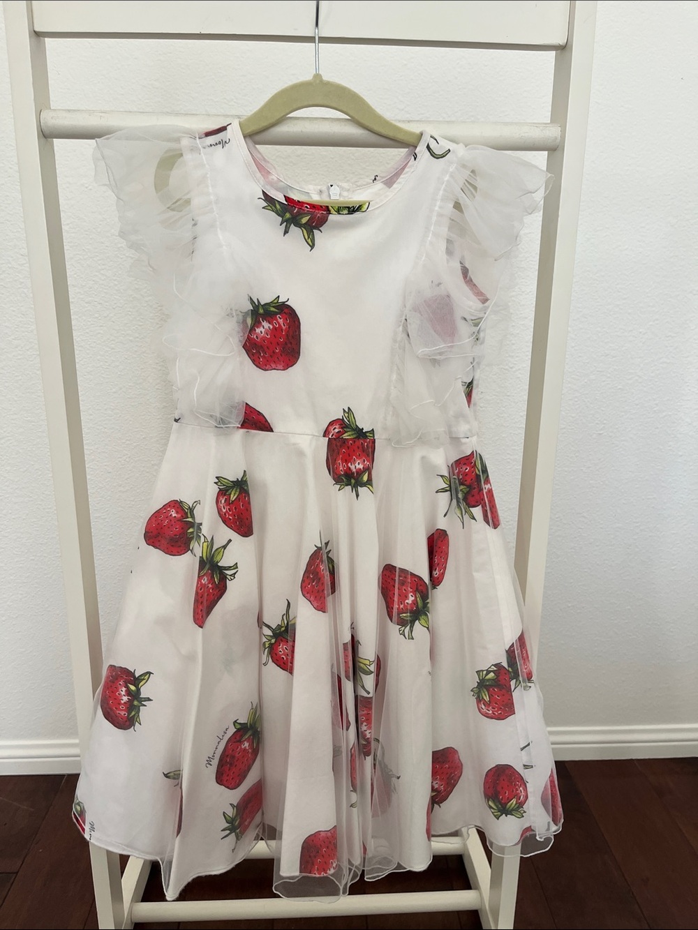 MonnaLisa White Dress with Red Strawberry Print